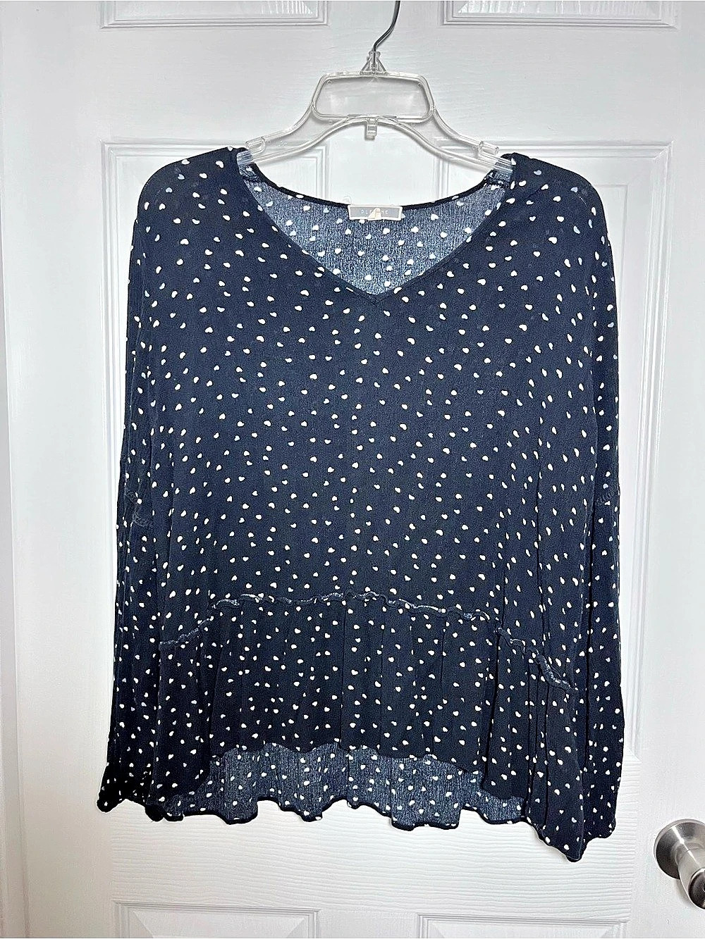 PLEIONE Heart Shaped Dots Peplum Blouse in Black & White Size Large